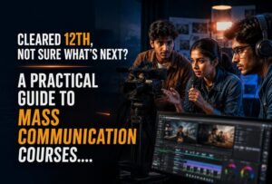 Students discussing mass communication course options after 12th at DGMC Mumbai
